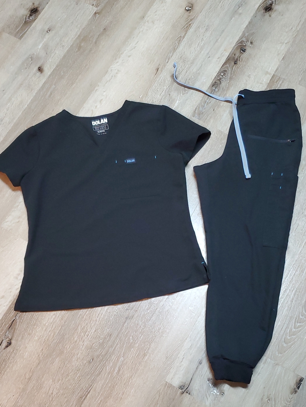 dolan Black Scrub Top and Jogger Pants Set with Light Blue Drawstring